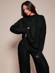 SHEIN PETITE 女士冬季纯色圆领长袖简约上衣和裤子休闲两件套，冬季服装 - 黑色 - 查看 7