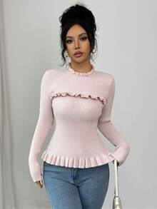 SHEIN Elenzya Women's Sweet Ruffled Collar & Hem Long Sleeve Knit Sweater, Pink, Korean Style, Autumn/Winter - Pink - View 6