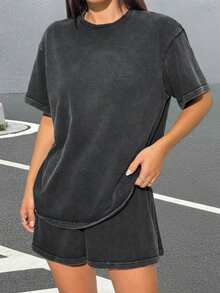 Muchica Summer 2pcs Women Vintage Distressed Look T-Shirt & Shorts Set