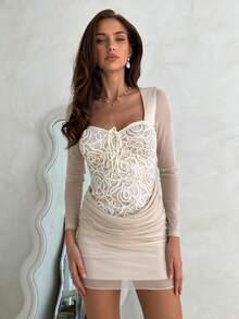 Aloruh New Romantic Sexy Low-Cut Mesh Splice Sequin Embellished Long Sleeve Mini Dress - Apricot - View 9