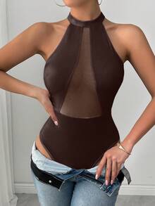 Glamine Simple Solid Color Backless Bodysuit For Women - Brown - View 5