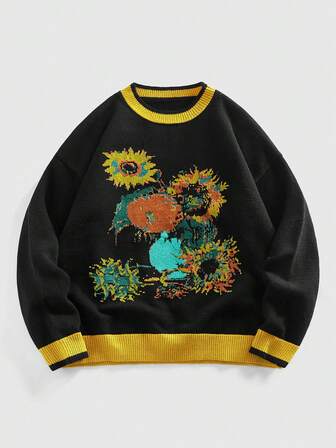 Maglione girocollo da uomo con stampa di girasoli, moda retrò
