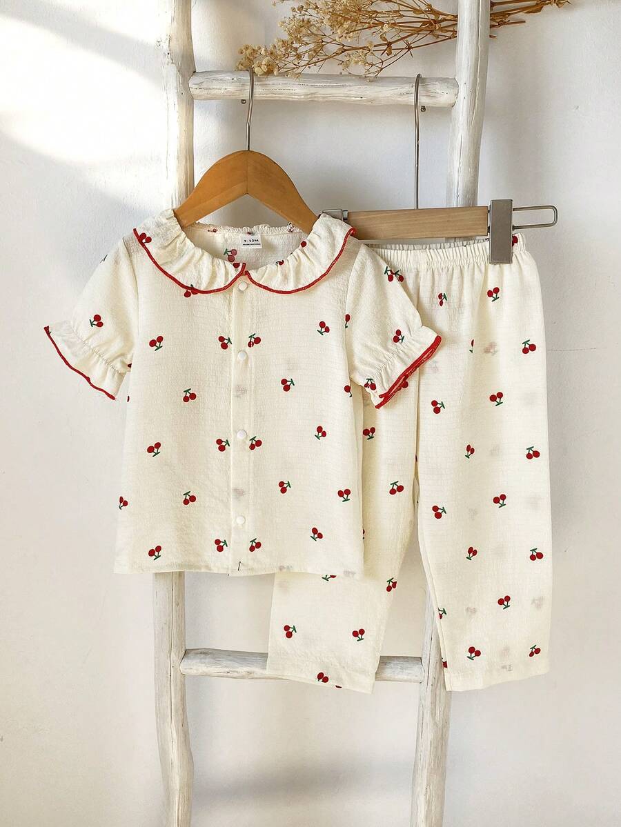 Baby Girls Pajamas-2 Piece Pajama Set Spring To Summer Cherry Print Peter Pan Collar Short Sleeve Top Long Pants Ruffle Trim Red Edge All Season Sleepwear Holiday 2026 Must Have Gift Outfit Playdate Home Lounge Elegant Cute - Multicolor - View 1