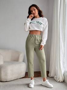 EMERY ROSE Paperbag Waist Straight Leg Jeans - Army Green - View 4