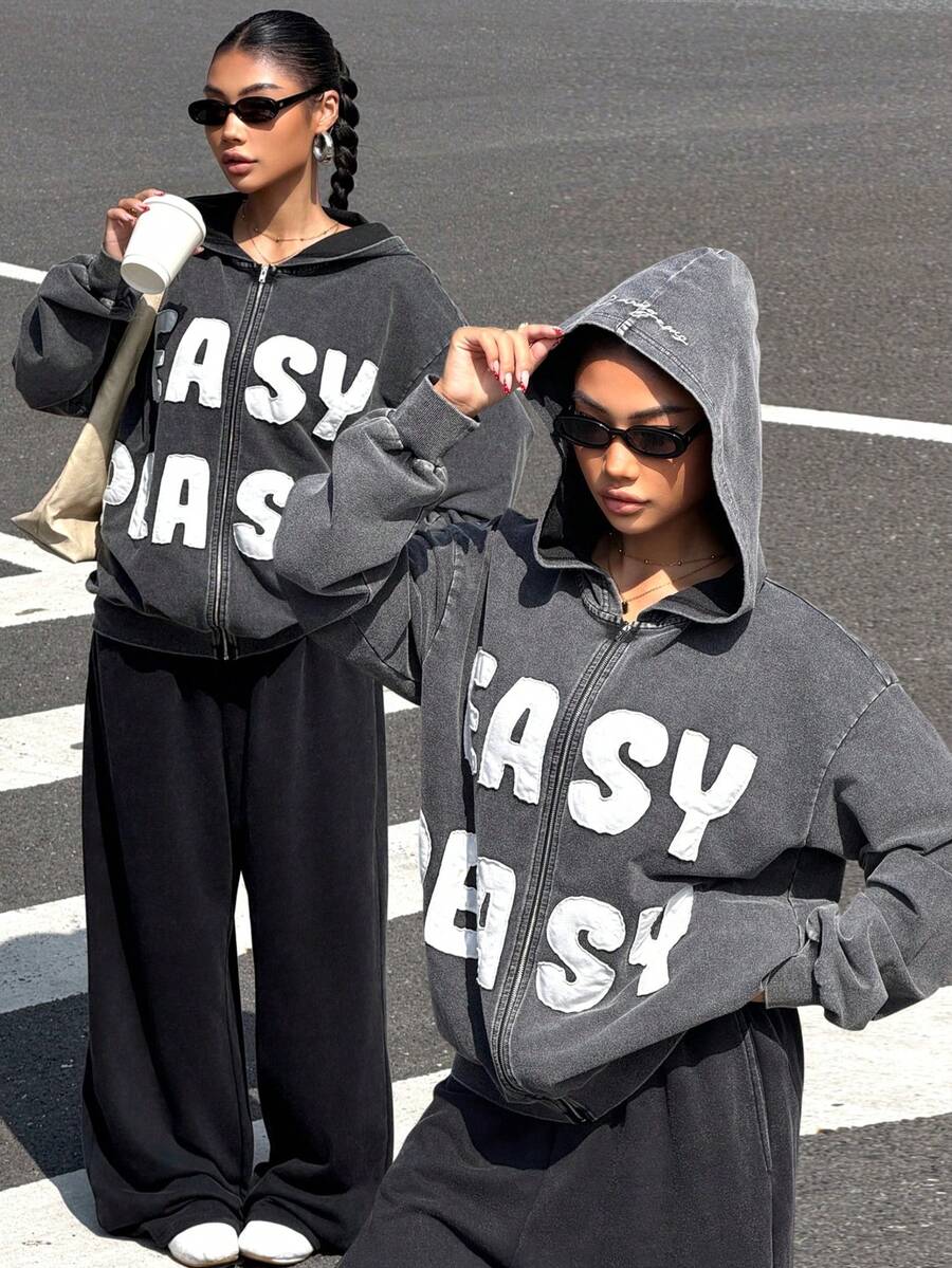 Muchica Áo hoodie có khóa kéo thường ngày họa tiết chữ nhung - màu đen - Xem 1
