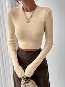 SHEIN LUNE 1件女士休闲纯色修身套头长袖毛衣 - 杏色 - 查看 4