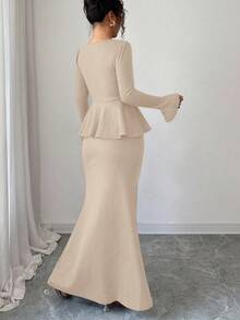 Elenzga Elegant & Chic French Style Deep Brown Textured Fabric, Fitted V-Neck With Metal Buckle Decor, Flared Sleeve & A-Line Hem Top With Bodycon Fish Tail Hem Skirt 2-Piece Set For Women - Light Yellow - View 2