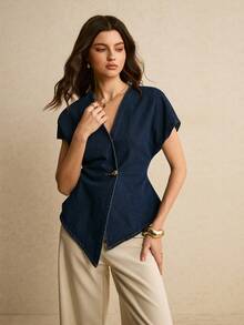 Poéselle 女士金属单扣蝙蝠袖不对称下摆休闲牛仔上衣 - 深色水洗藍 - 查看 3