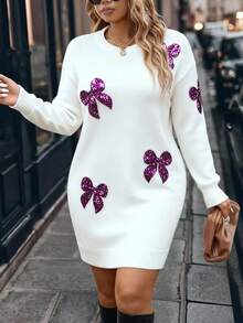 Juhart 大码女式纯色针织圆领亮片刺绣休闲优雅毛衣连衣裙，适合圣诞节、返校季、浪漫假期、办公穿着。 - 杏色 - 查看 4