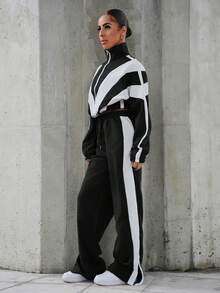SAYEHFBABY Women Color Block Drop Shoulder Zip Up Jacket And Pants 2 Pieces Casual Sportswear Set - Black - View 4