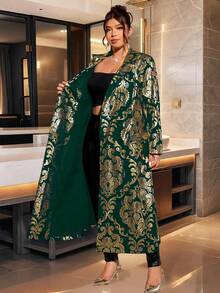 Cravure Áo khoác dài tay cổ bẻ in họa tiết lá kim cỡ lớn, dáng chữ A, cài hai hàng khuy, thanh lịch cho tiệc tùng, đi chơi, tụ tập, ăn tối - Màu xanh lá cây đậm - Xem 7