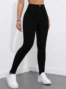 SHEIN ICON 大码女式街头休闲弹力舒适深蓝色牛仔修身裤 - 黑色 - 查看 1