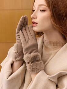 MOTF PREMIUM 女士时尚百搭保暖露指手套，秋冬季 - 卡其色 - 查看 1