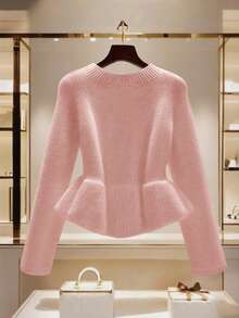 GlowEve Women's Stylish Waist Cinched Ruffle Hem Short Cardigan, Unique Metal Button Decor, Chic White Sweater - Dusty Pink - View 2