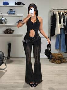 Jeanoix Y2K 时尚复古水洗毛边性感修身喇叭牛仔连体裤 - 黑色 - 查看 5