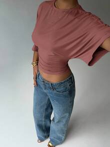 Aloruh 女士休闲纯色短款腰部T恤 - 粉色 - 查看 4