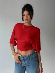 Aloruh Women's Solid Color Round Neck Batwing Sleeve Pleated Cropped Fashion T-Shirt Short Sleeve T-Shirts Women Women's Red Elegant Fashion Streetwear Versatile Short-Sleeve T-Shirt - Red - View 6