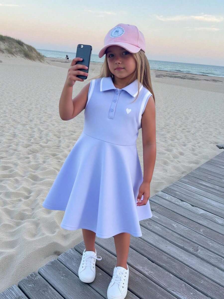 Elladie kids Young Girl Heart Print Striped Trim Polo Neck Dress, School, Campus, College - Blue - View 1