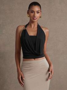 L'Amorae 女士纯色金属链垂褶领上衣 - 黑色 - 查看 3