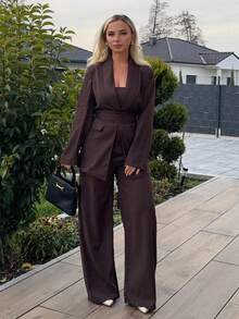 Jeta Ari 3pcs Women's Brown Shawl Neck Suit Set, Women's Casual Commuter Versatile Suit Set, Suitable For Office, Commute, Outing, Loose Casual Suit Set Fall Cloth For Women Women Office Suit Brown Suit Women 3 Pieces Suit Set Classy Women Suit Set