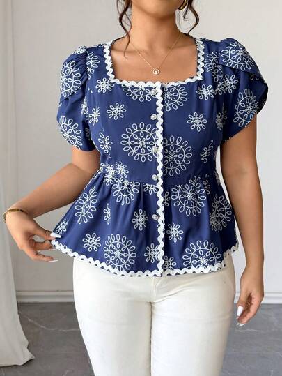 Elenzga 大码女式花卉刺绣荷叶边优雅短袖衬衫，春夏款