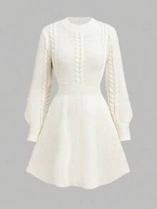 SHEIN Girlism Teen Girls Elegant Casual Fitted Long Sleeve A-Line High Neck Sweater Dress, Beige Textured Cable Knit White Sweater Dress Cable Knit Dress Long Sleeve Dress Teen Dress Winter Dress Fall