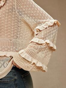 WESTFADE Suéter de punto con cuello de imitación de volantes, mangas largas con volantes, ajuste relajado, lazo en la espalda, suéter informal, otoño, invierno, casual, bohemio - Albaricoque - Ver 5