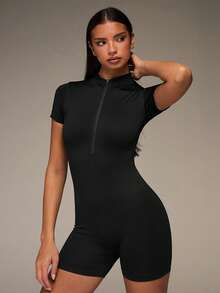 SHEIN BAE Half Zip Ribbed Knit Sports Romper - Black - View 6