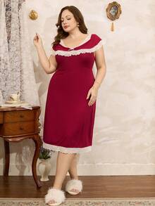 Côtesoire Plus Size French Romantic Lace Off-Shoulder A-Line Nightgown - Rose Red - View 4