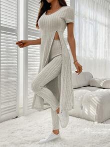 SHEIN LUNE Women's Casual Solid Color High Slit Long Top And Long Pants 2 Pieces Set - Apricot - View 4