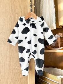 SHEIN Baby Girl Cow Print Fleece Long Sleeve Hooded Jumpsuit Pajamas - Black and White - View 3