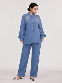 Veilorie 2件套 女士休闲亮片刺绣衬衫和裤子套装 - 藍色 - 查看 3