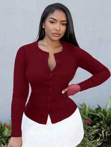 Alexandranx Ribbed Button Through Long Sleeve Crew Neck Top Casual Vacation Airport Holiday Fall Winter Christmas Elegant - Burgundy - View 4