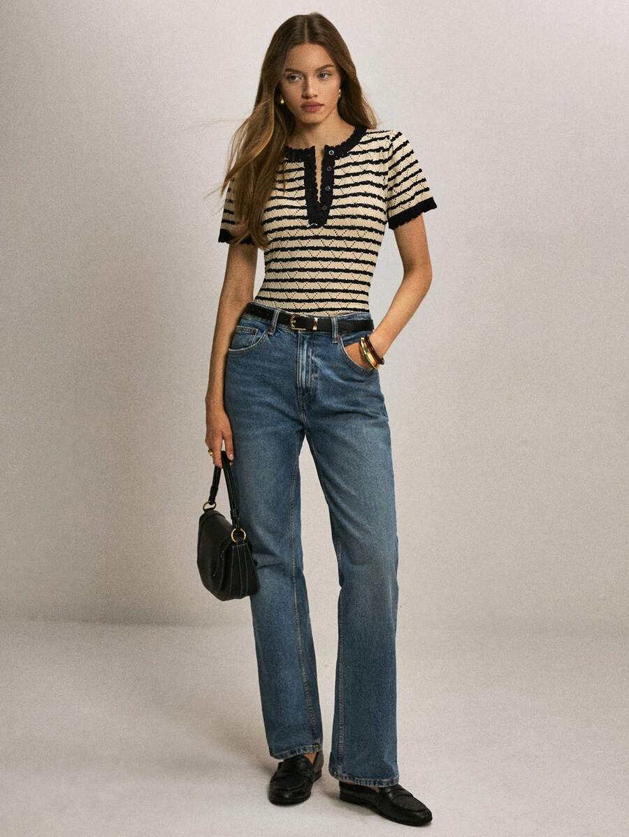 ATUI Studio Women's Striped Ruffle Button Half Placket Casual Commuter Knit Short Sleeve Top - Apricot - View 1