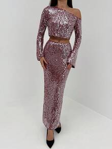 Aloruh Women's Sequin Skirt For Christmas & New Year Party,Red Skirt - Burgundy - View 5