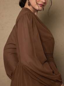 Freevana Plus Size Casual Solid Color Lace Patchwork Cutout Neck Dress Brown Long Dress Peasant Dress Brown Maxi Dress - Coffee Brown - View 8