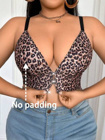 Plus Size Women Leopard Print Front Closure Comfortable Bra