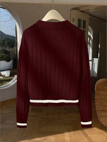 Franclia Contrast Trim Simple Long Sleeve Embroidered Horse Head Polo Collar Knit Sweater