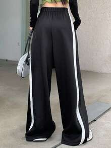 DAZY Pantalones de mujer holgados, gruesos y cálidos con rayas laterales de contraste - Negro - Ver 2