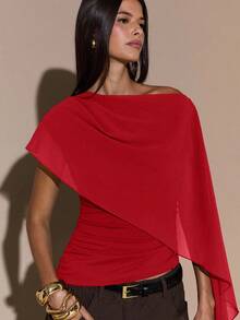 SHEIN BAE Women's Asymmetric Shoulder Ruched Neck Tie Knit Top, Elegant Fitted Sweater, Autumn/Winter - Red - View 6