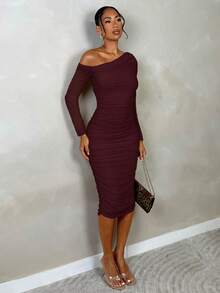 SHEIN BAE 女士秋季褶皱网纱优雅约会/派对修身长袖中长连衣裙 - 紫紅色 - 查看 5