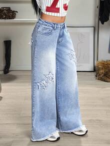 Jeanoix Y2K Low-Waist Fashion Star Embroidery Washed Wide-Leg Jeans - Blue - View 5