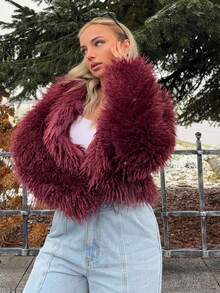 Jeta Ari 女士时尚性感短款仿皮草大衣，秋冬新品 - 酒紅色 - 查看 6