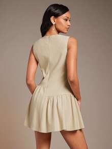 L'Amorae Casual Commute Minimalist Solid Color Sleeveless Women Mini Dress - Apricot - View 2