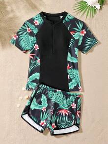 SHEIN Bộ bikini hai mảnh in họa tiết nhiệt đới cho bé gái tuổi teen, áo tankini hai dây và quần bơi, áo chống nắng cho bé gái tuổi teen, áo chống nắng tay ngắn cho bé gái tuổi teen, bộ đồ bơi mùa hè màu hồng cho thanh thiếu niên, đồ bơi cho tuổi teen, đồ bơi một mảnh tay ngắn cho bé gái tuổi teen, đồ bơi mùa hè giữ nhiệt, đồ bơi cho Giáng sinh, lễ hội, năm mới, ngày Valentine. - màu đen - Xem 6