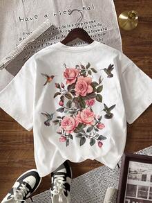 INAWLY Áo thun nữ cổ tròn tay ngắn in hoa giản dị, mùa hè - trắng - Xem 6