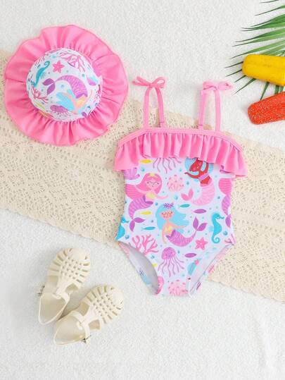 Traje de baño de una pieza para recién nacidas con tirantes de espagueti, adorno de lazo, de punto de poliéster con estampado digital de lazo, talla grande gorro, lindo traje de baño para la playa para recién nacidas