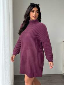 SHEIN EZwear 大码高领宽松粗针织灯笼袖毛衣连衣裙，秋冬款 - 中紫紅色 - 查看 6
