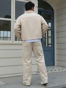 DAZY Solid Color Beige Soft Washed Vintage Denim Men's Jacket Set, Autumn - Beige - View 2