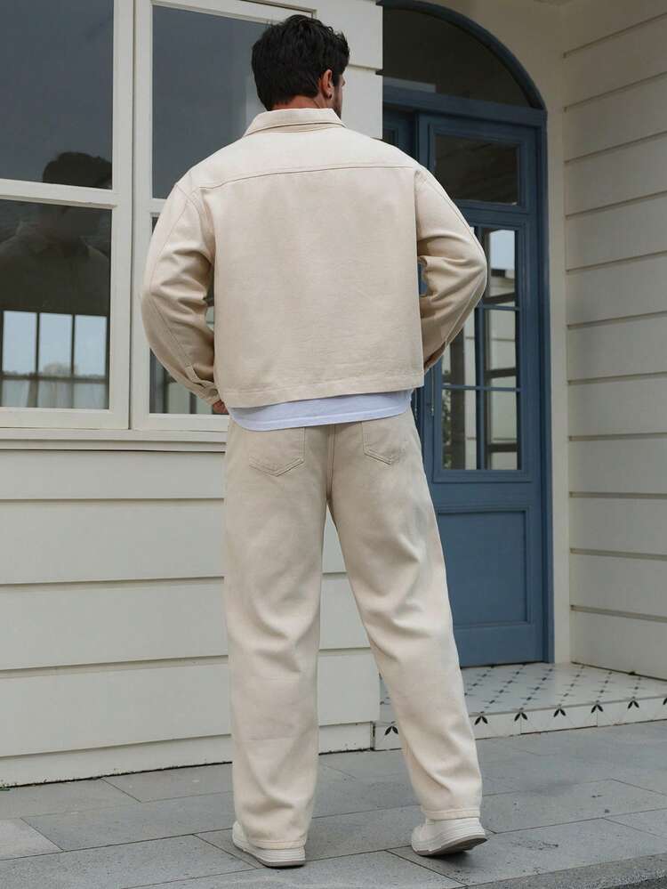 Solid Color Beige Soft Washed Vintage Denim Men's Jacket Set, Autumn